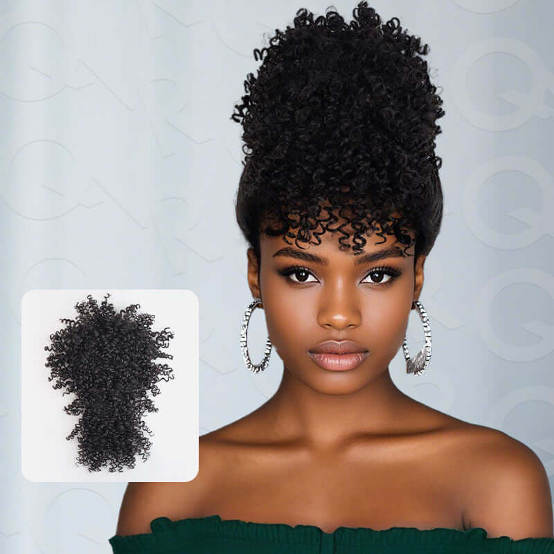 QVR Drawstring Ponytail Extension With Bangs Short Curly Human Hair Ponytail Hairstyle