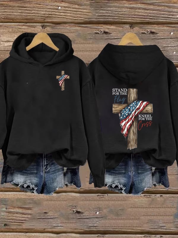 Women's   Stand For The Flag Kneel For The Cross Printed Casual  Hoodie
