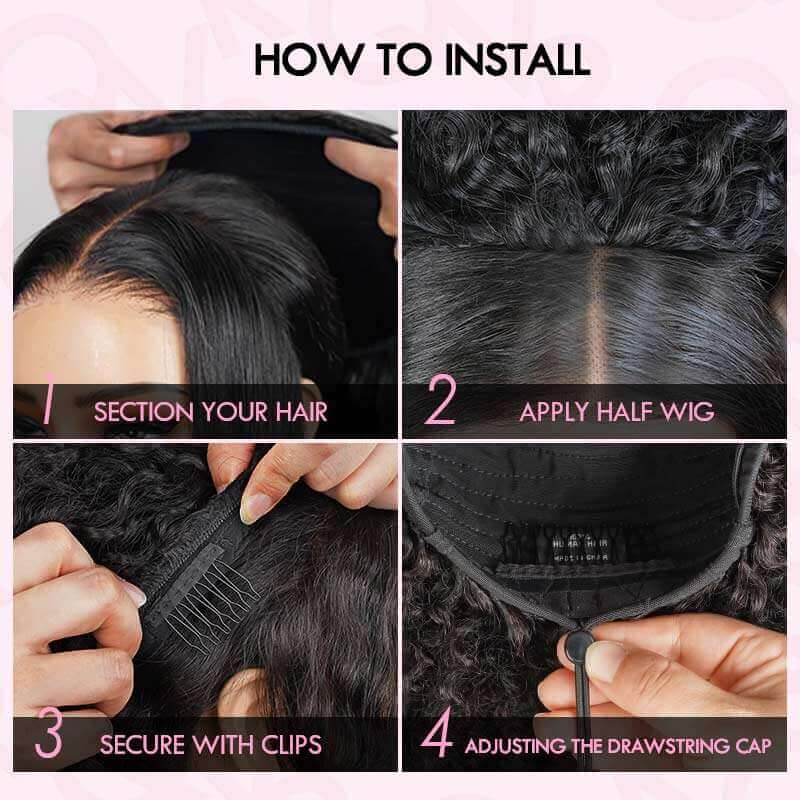 QVR Glueless Dark Brown Kinky Curly Half Wig with Black Roots 250% Density Human Hair Wig #T1B/4 Wear Go Flip Over Wig
