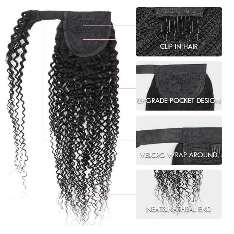 QVR Kinky Curly Ponytail Extension Human Hair Wrap Around Natural Black Clip In Ponytail Hair