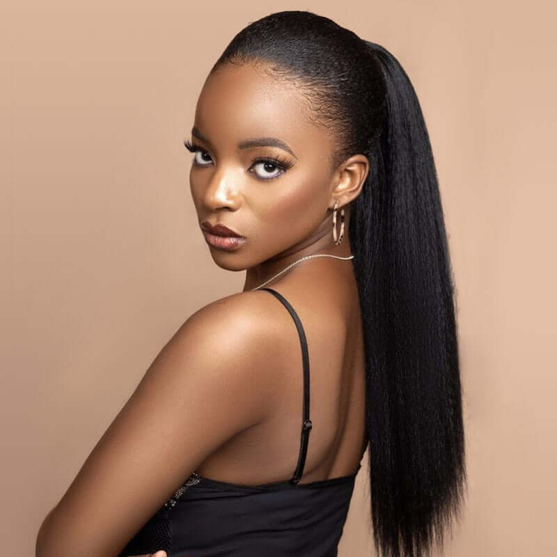 QVR Kinky Straight Ponytail Extension Human Hair Wrap Around Natural Black Clip In Ponytail Hair