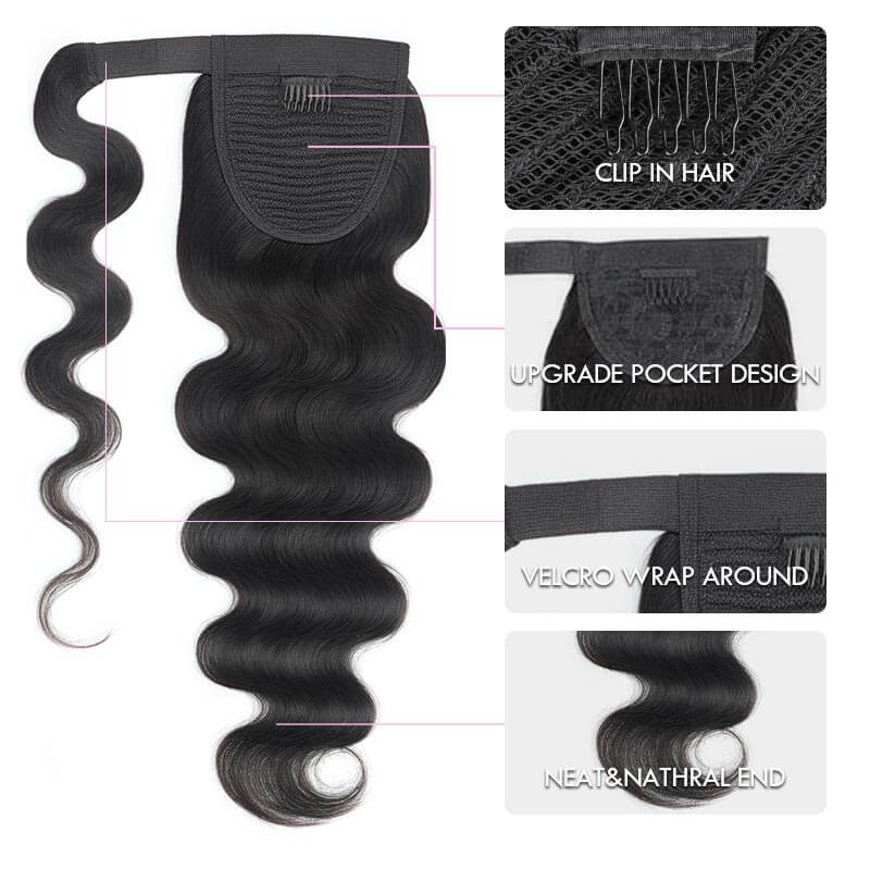 QVR Body Wave Ponytail Extension Human Hair Wrap Around Natural Black Clip In Ponytail Hair
