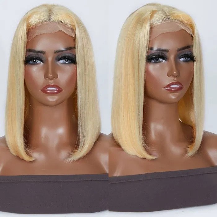 QVR 613 Blonde Short Bob Wigs T Lace 13x4 Straight Human Hair Lace Front Bob Wig