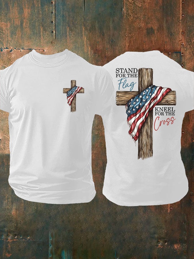 Men's Stand For The Flag Kneel For The Cross Printed Casual T-Shirt