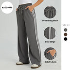 Women's Casual High Waist Striped Wide Leg Trousers, Sporty Drawstring Waist Side Pocket Outfit, Minimalist Versatile Women's Bottom