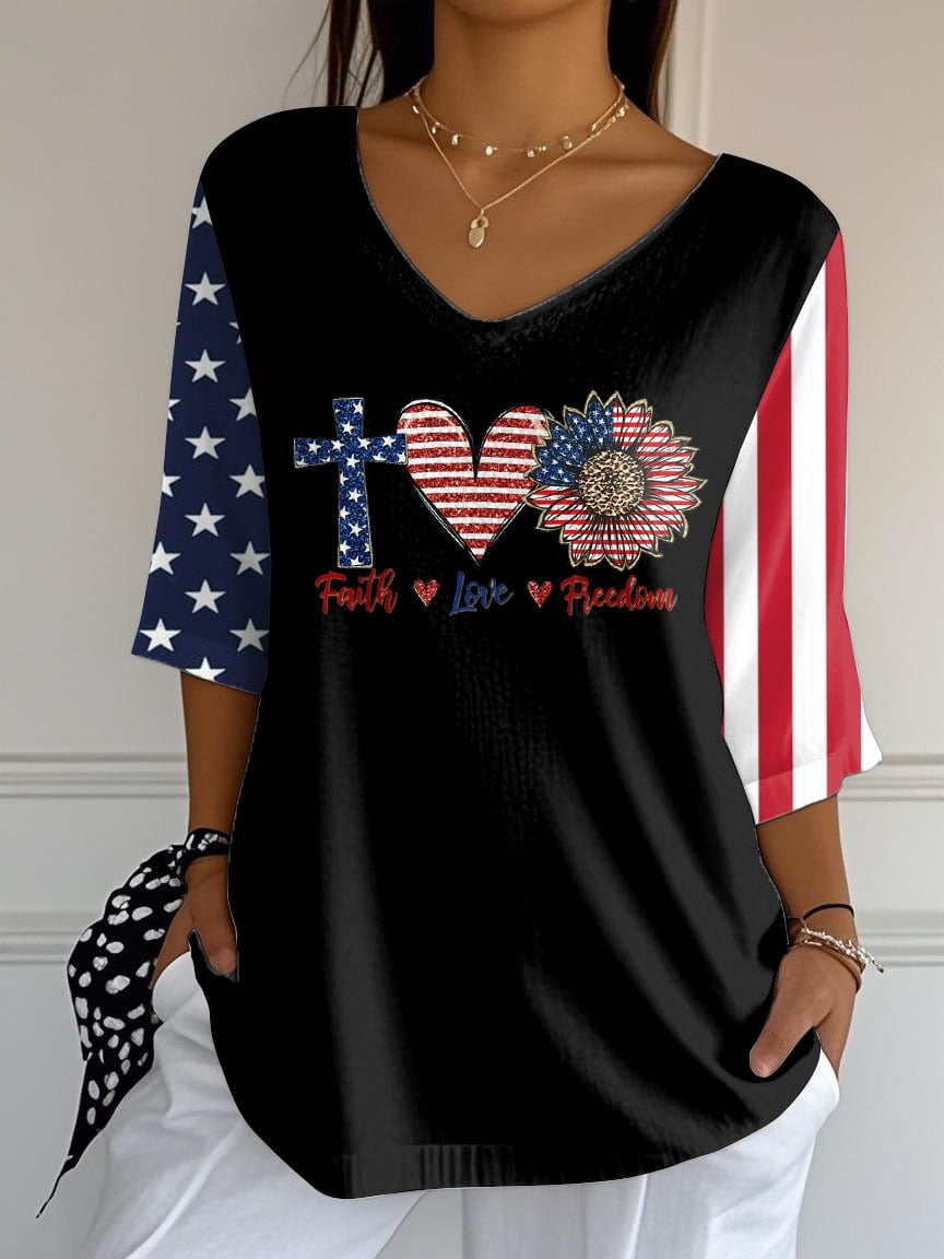 Women's Independence Day Faith Love Freedom Printed T-Shirt