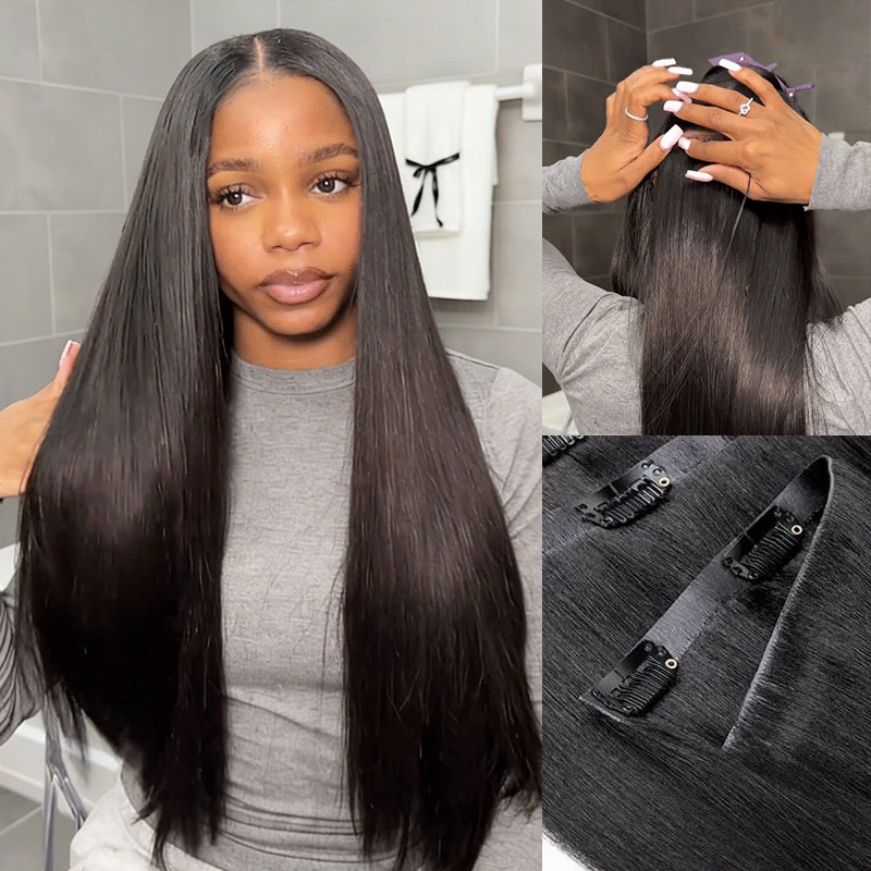 QVR Upgraded Invisible Edge 9PCS PU Clip Ins Extensions 5PCS Volumizer Natural Straight Seamless Clip In Human Hair