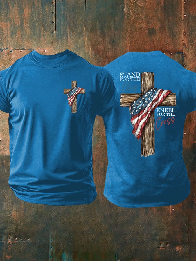 Men's Stand For The Flag Kneel For The Cross Printed Casual T-Shirt