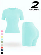 Women's Two-piece Set, Solid Color Tee & High Waist Skinny Shorts Tracksuit Set