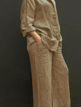 Women's Solid Color Long Sleeve Shirt & Wide Leg Pants Set