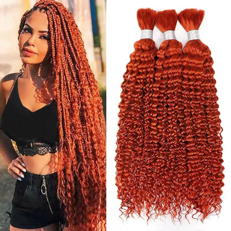 QVR Curly Wave Ginger Orange Bulk Human Hair Knotless Boho Braids No Weft Extensions