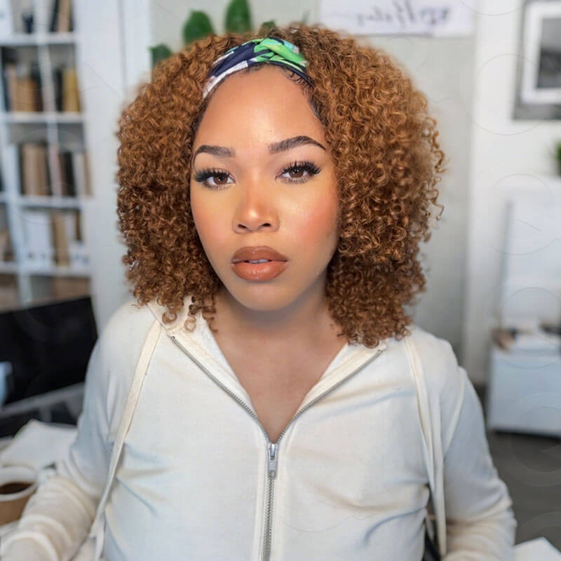 QVR Glueless Auburn Brown Kinky Curly Half Wig 250% Density Human Hair Wig Wear Go Flip Over Wig