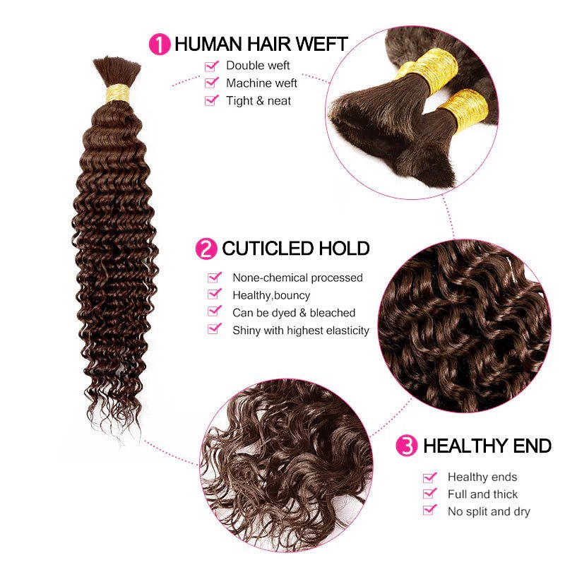 QVR Deep Wave Braiding Hair for Boho Braids #4 Chocolate Brown Bulk Human Hair No Weft