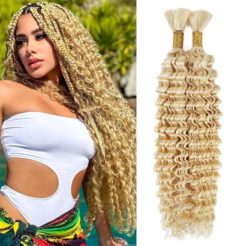 QVR Human Braiding Hair for Boho Braids #613 Blonde Deep Wave Bulk Human Hair No Weft