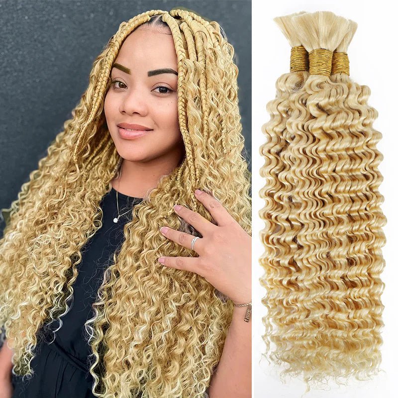 QVR Human Braiding Hair for Boho Braids #613 Blonde Deep Wave Bulk Human Hair No Weft