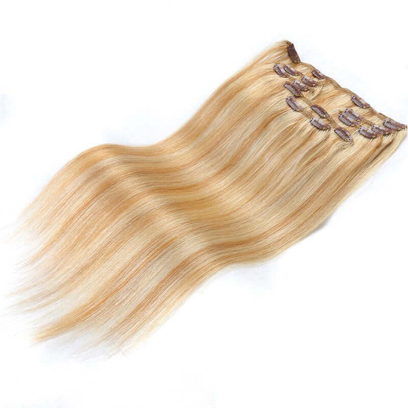 QVR Blonde Straight 7Pcs Clip in Hair Extensions Highlight #P27/613 Color Virgin Human Hair