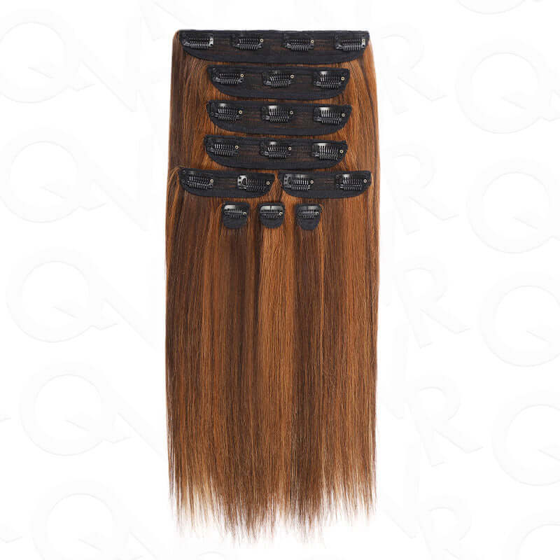 QVR Highlight #P4/30 9PCS Weft Clip In Hair Extensions Volumizer #P4/27 Straight Clip In Human Hair
