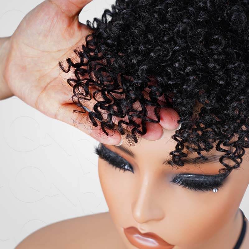 QVR Drawstring Ponytail Extension With Bangs Short Curly Human Hair Ponytail Hairstyle