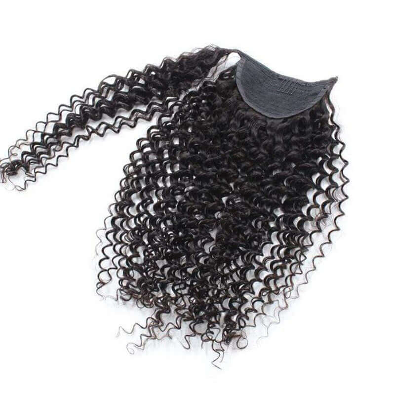 QVR Kinky Curly Ponytail Extension Human Hair Wrap Around Natural Black Clip In Ponytail Hair