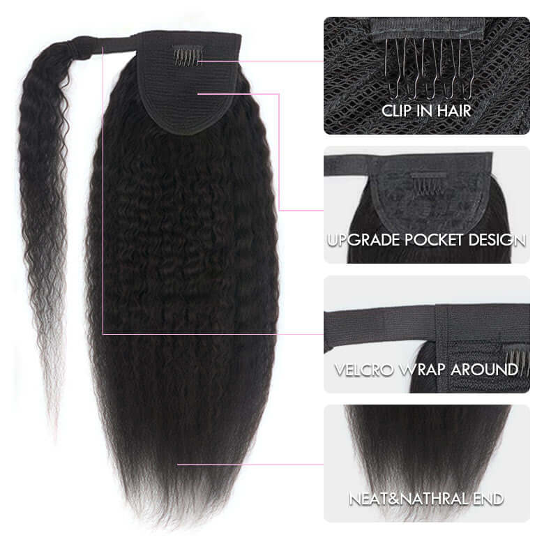 QVR Kinky Straight Ponytail Extension Human Hair Wrap Around Natural Black Clip In Ponytail Hair