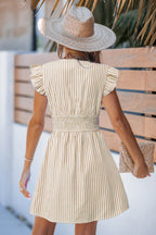 Blue Striped V-Neck Flutter Sleeve Mini Dress