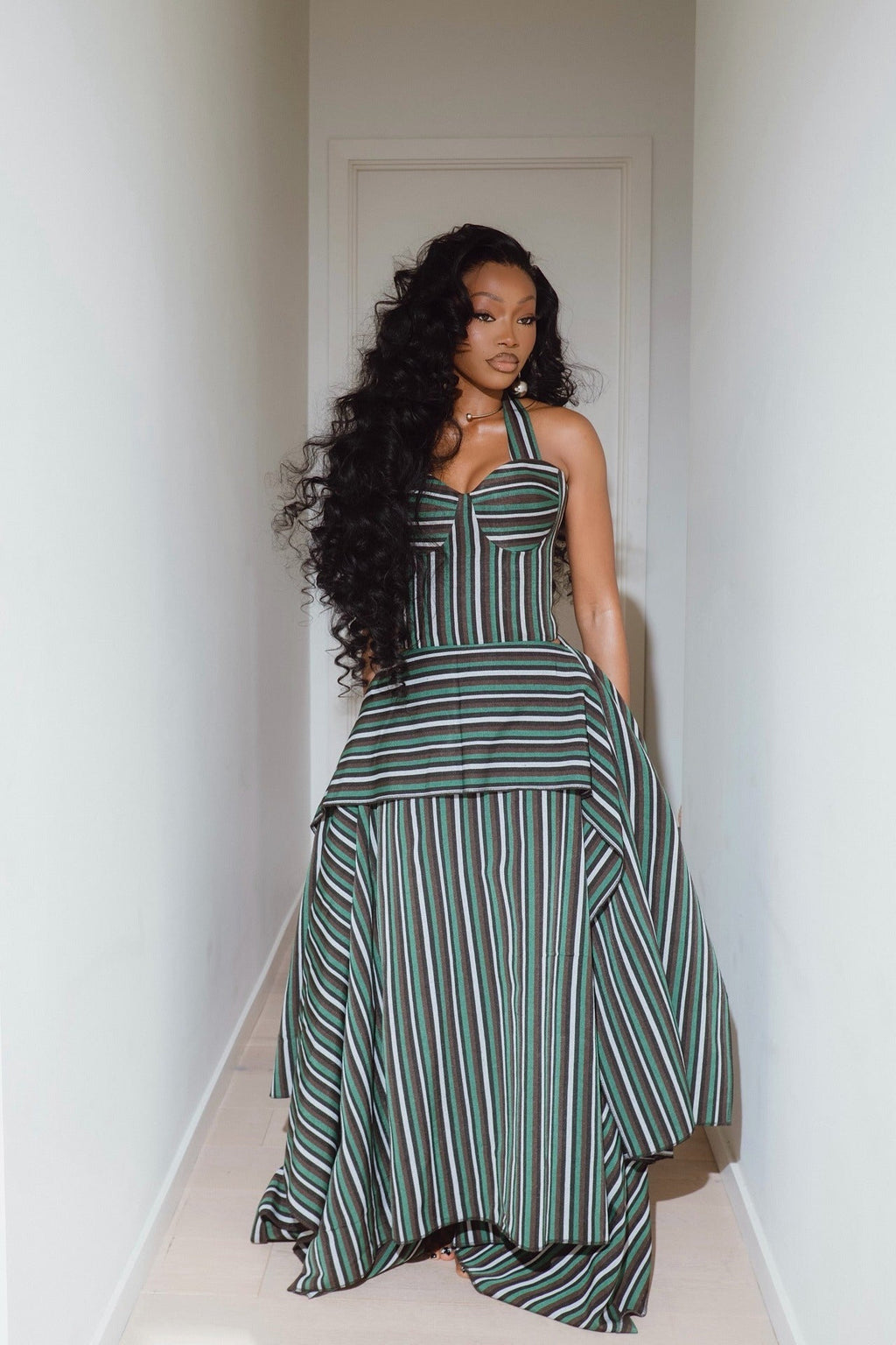 Green Striped Asymmetric High-Low Skirt