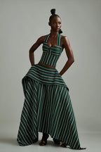 Green Striped Asymmetric High-Low Skirt