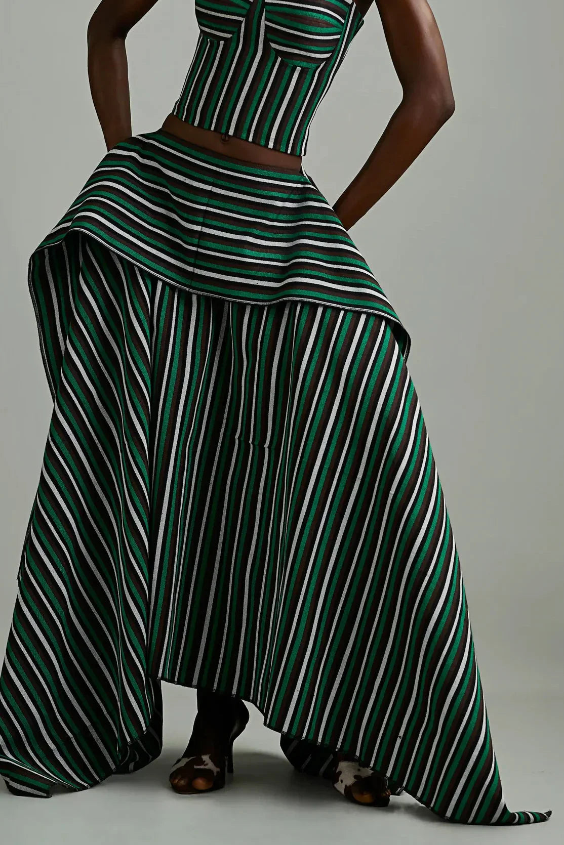 Asymmetric Striped High-Low Maxi Skirt
