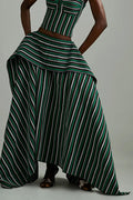 Green Striped Asymmetric High-Low Skirt