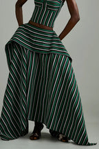Green Striped Asymmetric High-Low Skirt