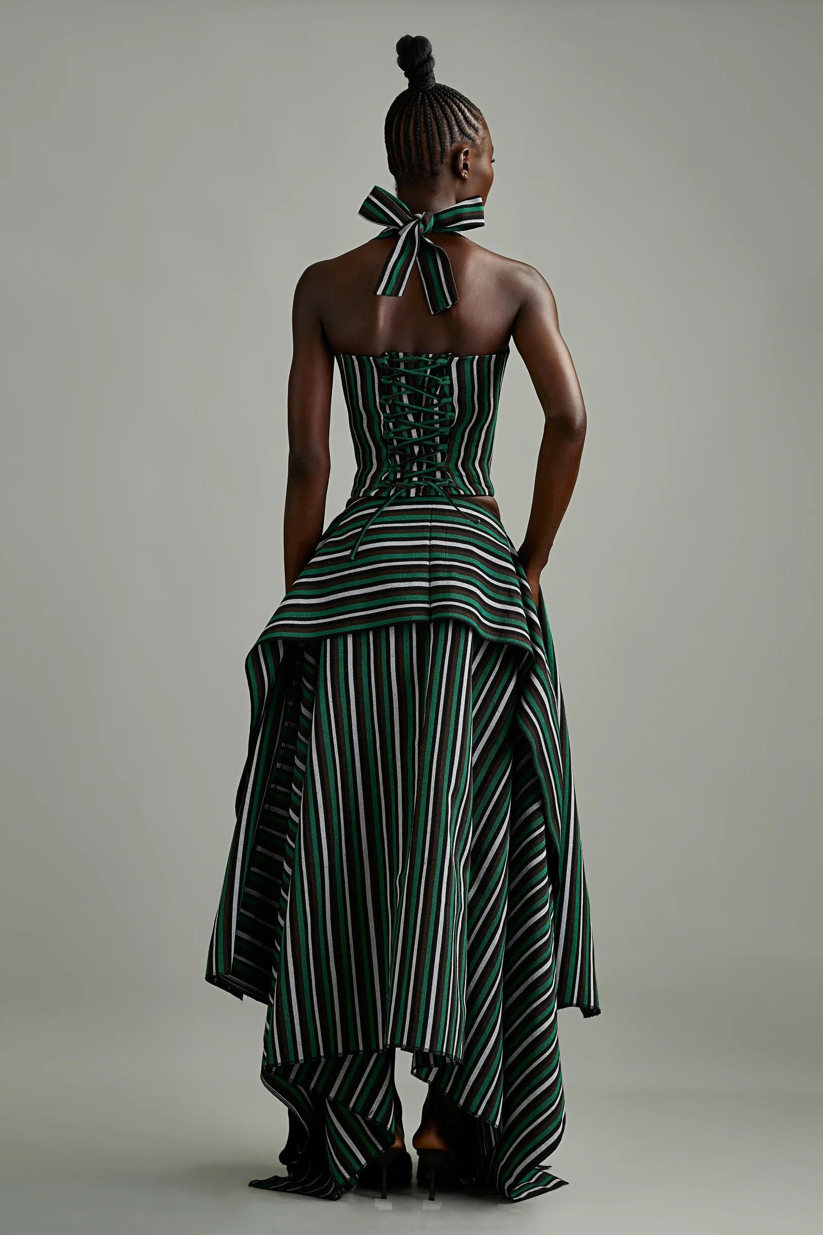 Green Striped Asymmetric High-Low Skirt