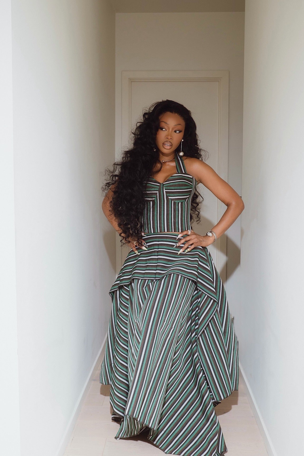 Asymmetric Striped High-Low Maxi Skirt