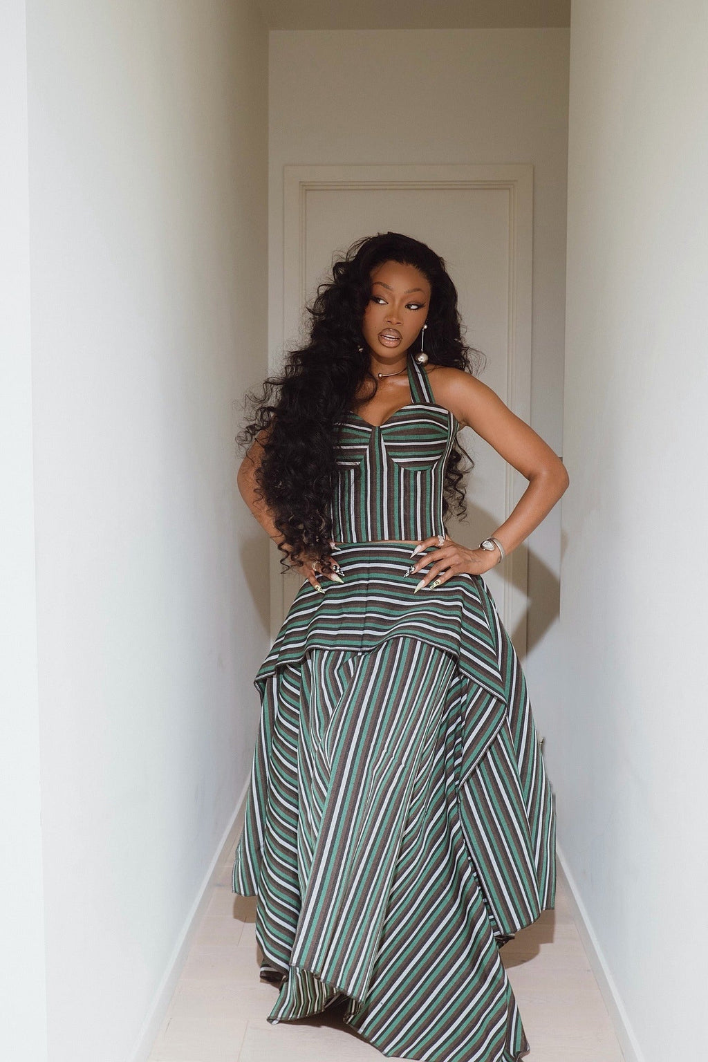 Green Striped Asymmetric High-Low Skirt