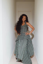 Green Striped Asymmetric High-Low Skirt