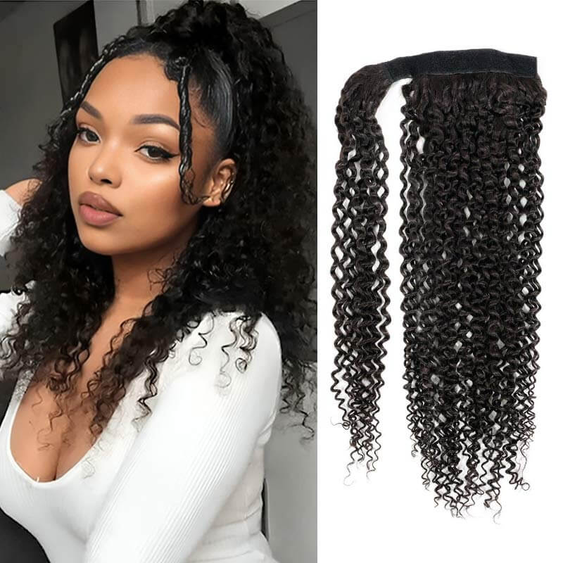 QVR Kinky Curly Ponytail Extension Human Hair Wrap Around Natural Black Clip In Ponytail Hair