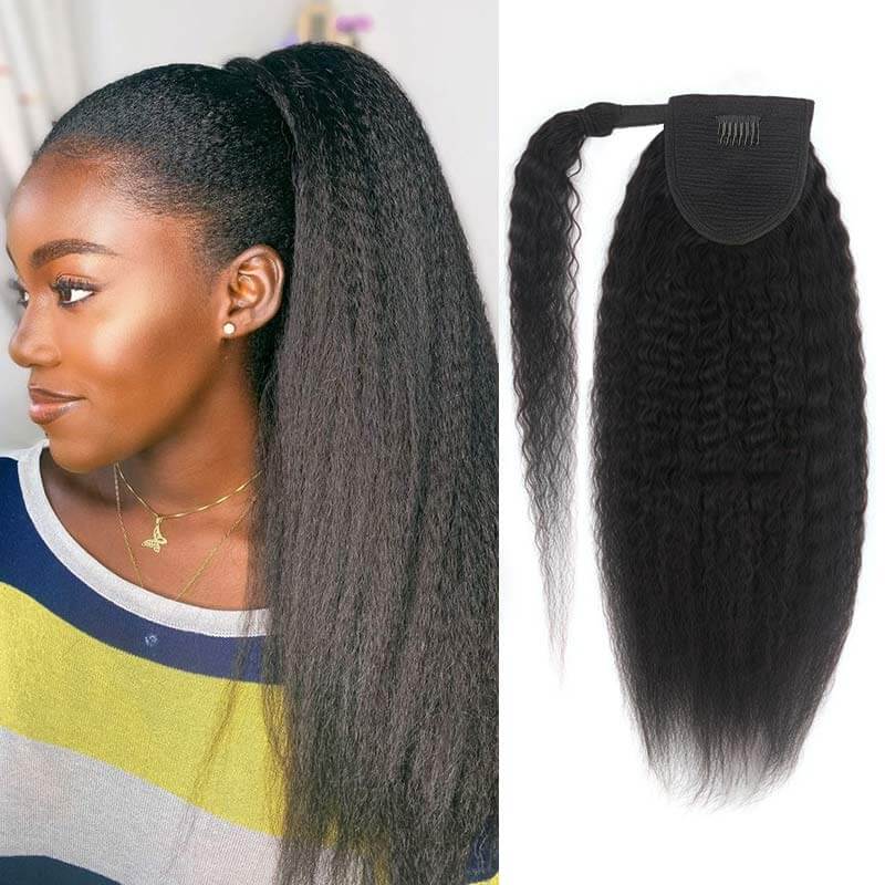 QVR Kinky Straight Ponytail Extension Human Hair Wrap Around Natural Black Clip In Ponytail Hair