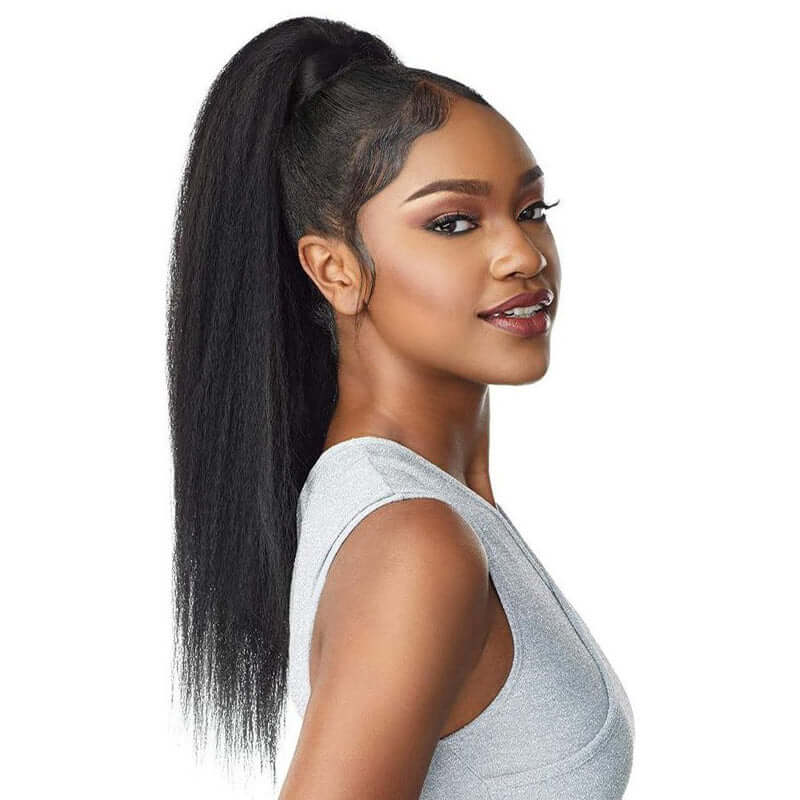 QVR Kinky Straight Ponytail Extension Human Hair Wrap Around Natural Black Clip In Ponytail Hair