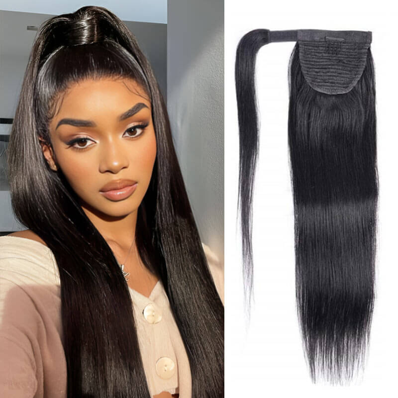 QVR Kinky Straight Ponytail Extension Human Hair Wrap Around Natural Black Clip In Ponytail Hair