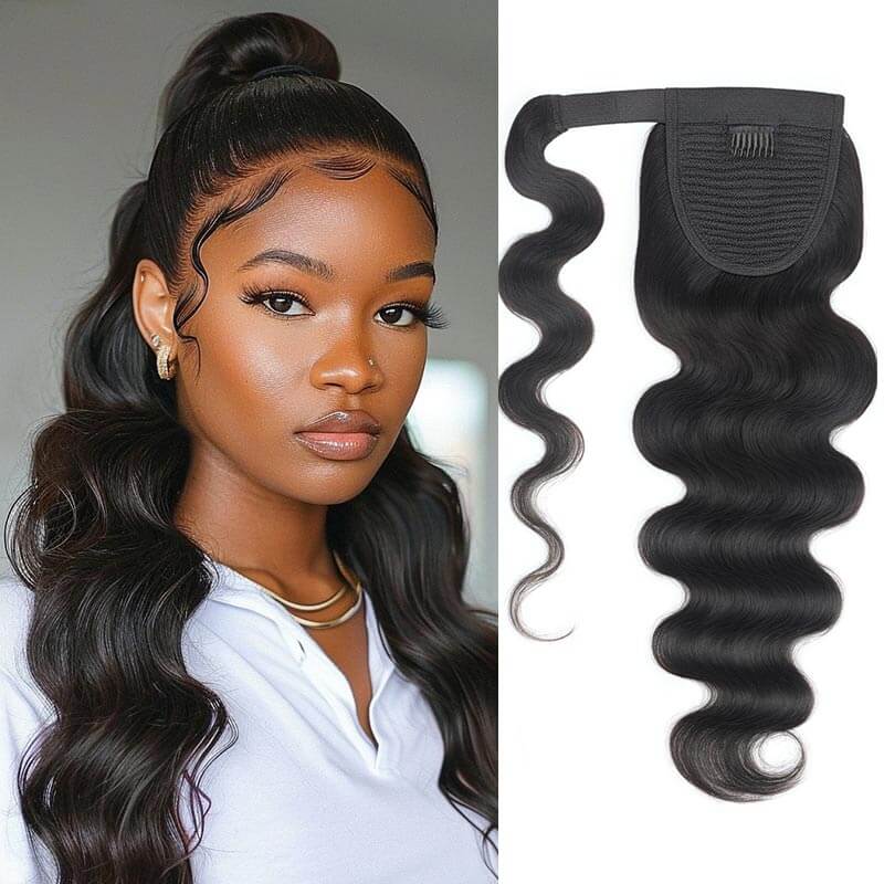 QVR Body Wave Ponytail Extension Human Hair Wrap Around Natural Black Clip In Ponytail Hair