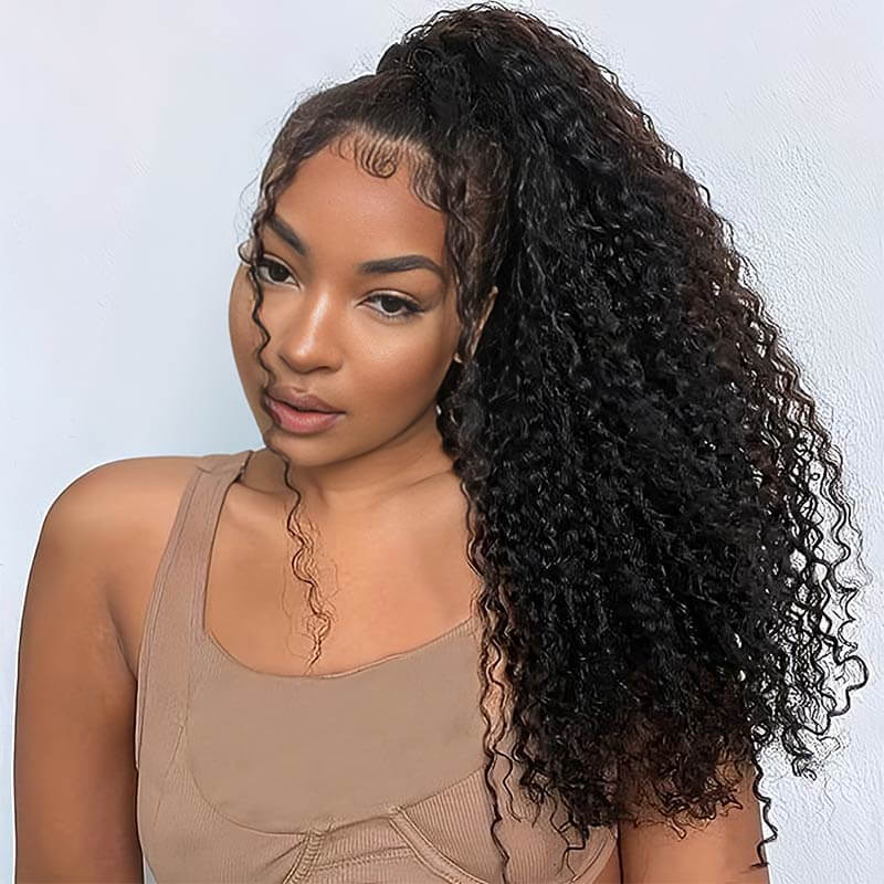QVR Kinky Curly Ponytail Extension Human Hair Wrap Around Natural Black Clip In Ponytail Hair