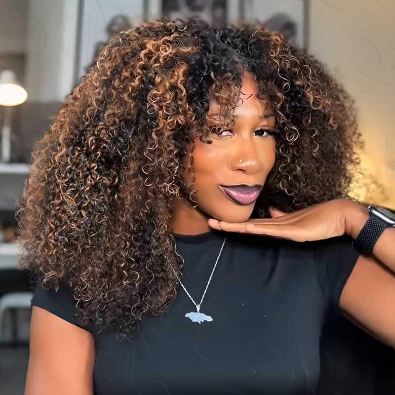 QVR Invisible Lace Edge Kinky Curly V Part Wigs Highlight #1B/30 No Leave Out Human Hair Wig