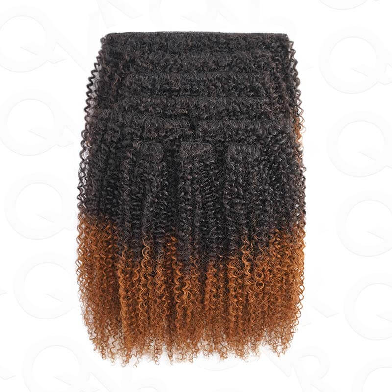 QVR Ombre Brown 9PCS Weft Clip In Hair Extensions Volumizer #T1B/30 Afro Kinky Curly Clip In Human Hair