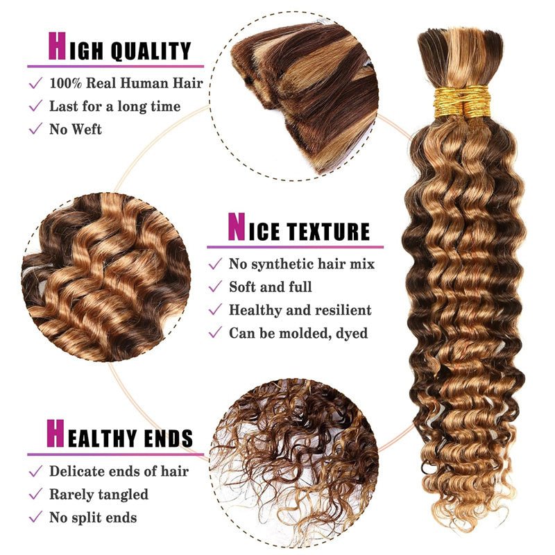 QVR P4/27 Highlight Deep Wave Bulk Braiding Hair 100% Human Hair for Micro Braiding