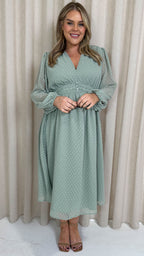 CurveWow Dobby Shirred Bodice Midi Dress Sage Green