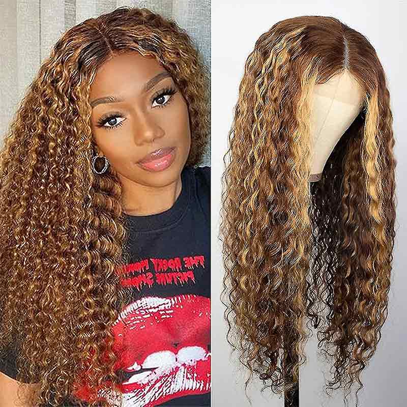 QVR Glueless Pre-cut 4x4 HD Lace Closure Human Hair Wigs Deep Wave Piano #4/27 Highlight Wear & Go Wigs