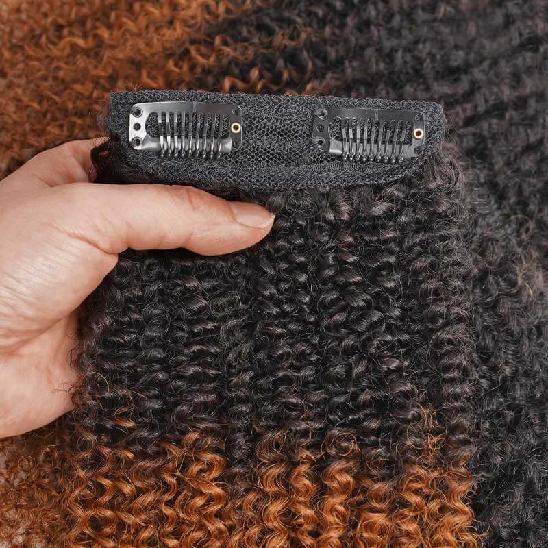 QVR Ombre Brown 9PCS Weft Clip In Hair Extensions Volumizer #T1B/30 Afro Kinky Curly Clip In Human Hair