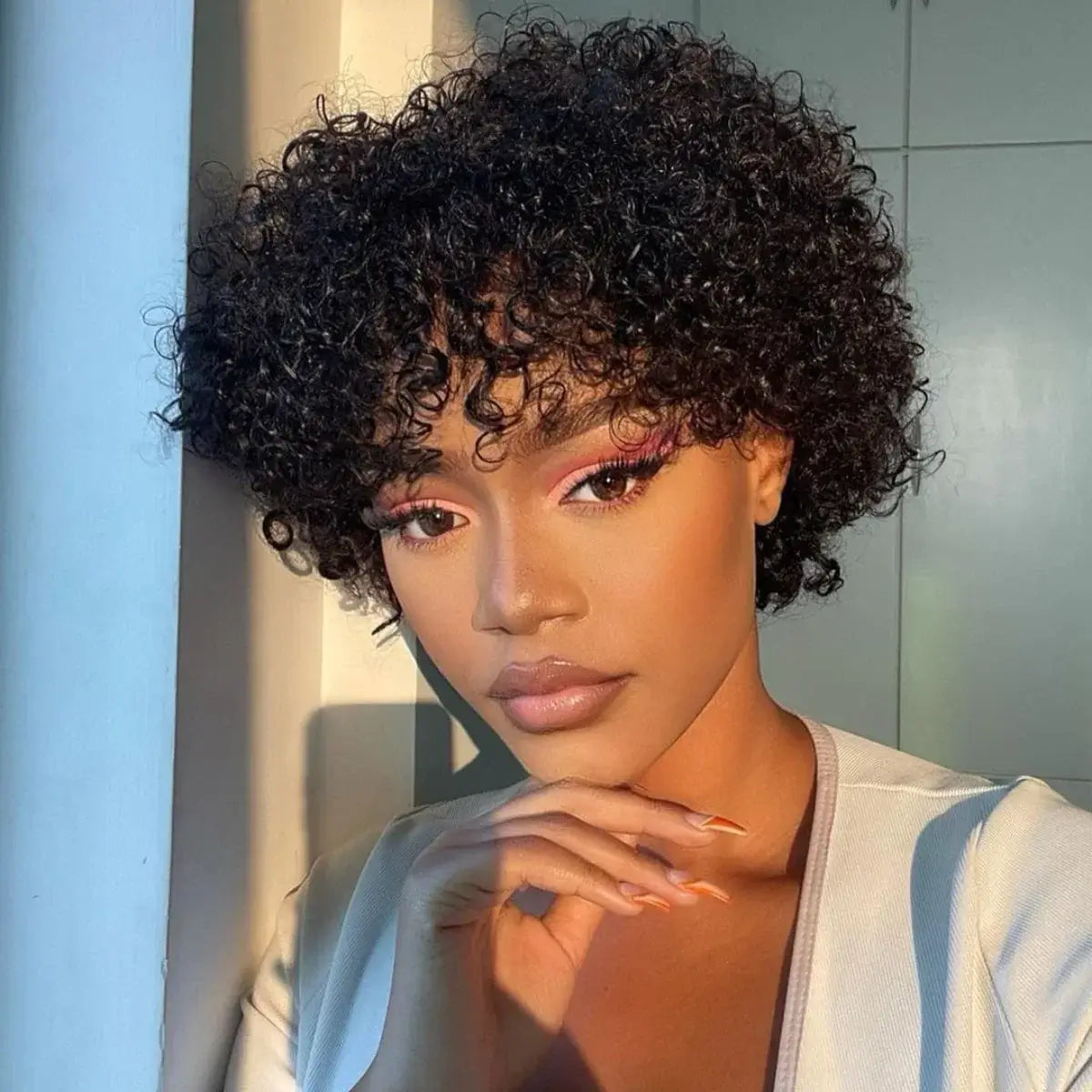QVR Curly Short Pixie Cut Human Hair Wigs With Bangs