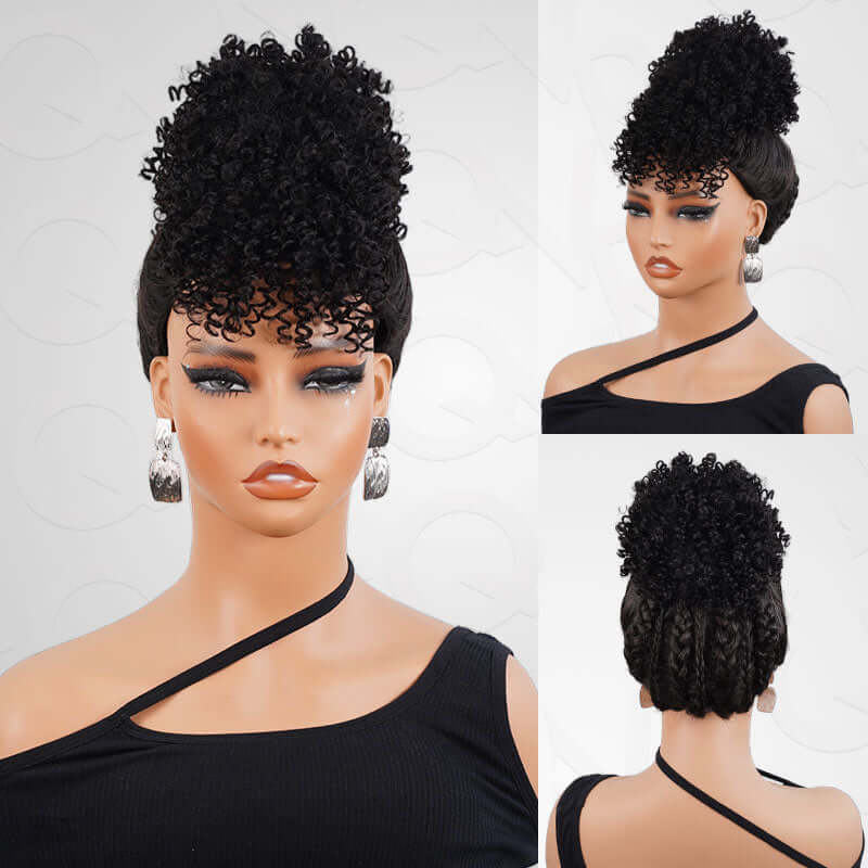 QVR Drawstring Ponytail Extension With Bangs Short Curly Human Hair Ponytail Hairstyle