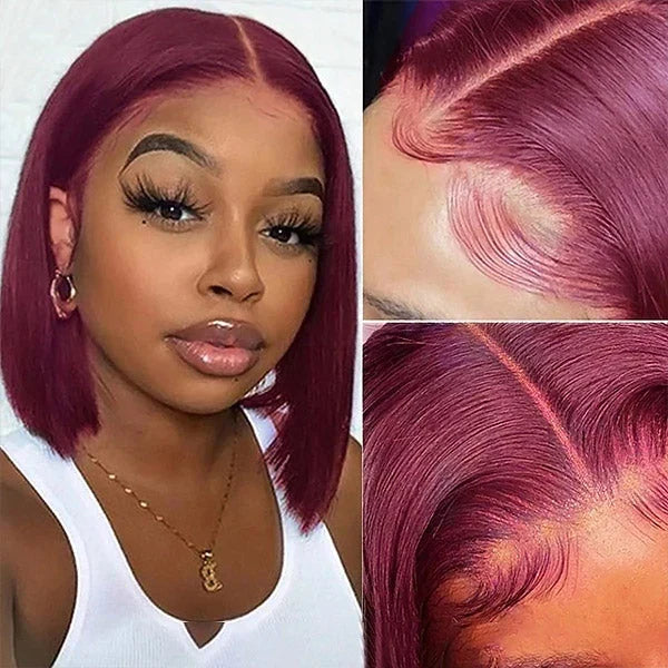 QVR Colored Short T Lace Bob Wigs Straight Human Hair Wig 180% Lace Front Burgundy Red Wigs Pink Blonde Wig