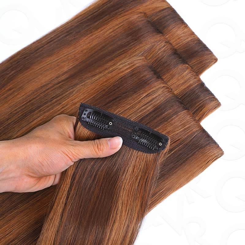 QVR Highlight #P4/30 9PCS Weft Clip In Hair Extensions Volumizer #P4/27 Straight Clip In Human Hair